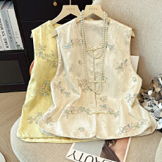 批发实拍新中式高端设计感黄色提花重工亮片刺绣坎肩马甲新款女装