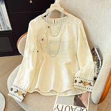 批发国风精致刺绣提花<b class='q'>长袖</b>圆领<b class='q'>衬衫女</b>2026早春新款新中式百搭打底小衫