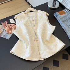 批发实拍国风复古绣花马甲女新中式对襟钉珠刺绣中长款无袖开衫外套