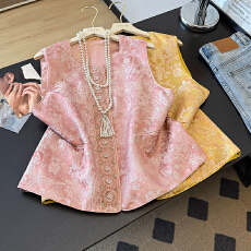 批发实拍新中式粉调提花无袖马甲女钉珠刺绣坎肩 气质宽松外搭背心