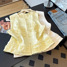 批发复古提花木耳边拼接无袖小外套2026夏季重工绣花钉珠亮片圆领马甲