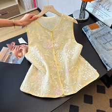 批发新中式国风米黄色重工刺绣马甲女年轻款<b class='q'>欧根纱</b><b class='q'>上衣</b>无袖外搭薄背心