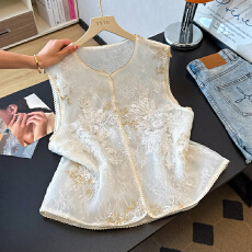 批发新中式国风米黄色重工刺绣马甲女年轻款<b class='q'>欧根纱</b><b class='q'>上衣</b>无袖外搭薄背心