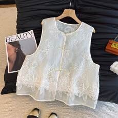 批发高级感重工新中式盘扣刺绣马甲外套女<b class='q'>夏</b>季薄款无袖网纱衬衫上衣