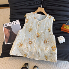 批发实拍重工刺绣亮片真丝欧根纱桑蚕丝绣花马甲女<b class='q'>夏</b>薄外穿叠穿