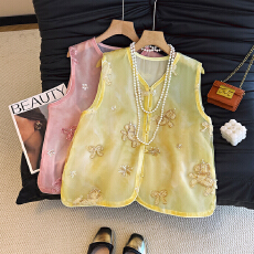 批发新中式钉珠亮片V领薄款小衫2026<b class='q'>夏</b>季韩版显瘦重工绣花纯色马甲潮