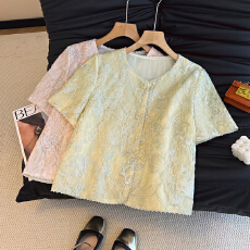 批发新中式<b class='q'>蕾丝</b>刺绣短袖开衫外套女夏圆领精致显瘦上衣国风气质