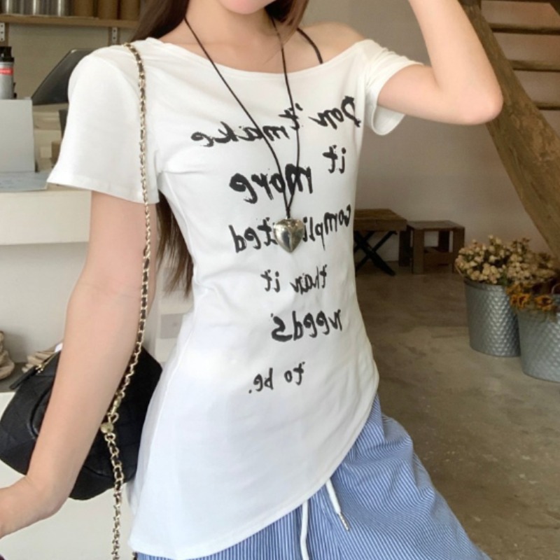 FA33583# 夏季韩版斜肩撞色字母印花设计百搭短袖褶皱T恤上衣 服裝批發女裝批發服飾貨源