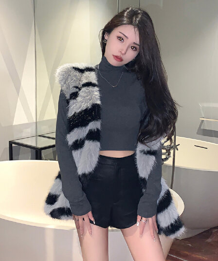 실사 얼룩말 곡물 여우털 모피 조끼 여자 겨울 인터넷 유명인 레트로 다용도 루즈핏 모방 모피 조끼 재킷