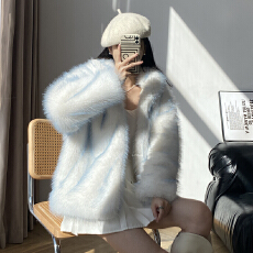 批发冬季新款渐变蓝仿狐狸毛皮草外套女环保毛毛大衣加厚保暖上衣