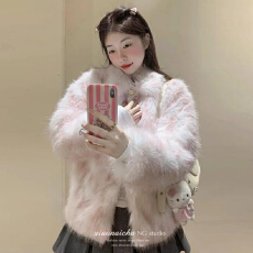 批发翻领仿狐狸毛皮草外套女冬季时尚小香风渐变新款宽松加厚保暖大衣