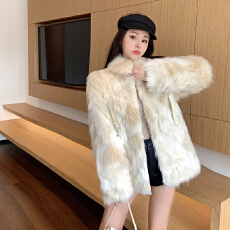 批发<b class='q'>实拍</b>冬季新款复古混色辣妹环保皮草外套女宽松皮带狐狸毛绒大衣潮