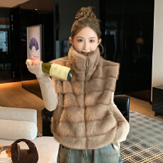 批发MLS 层叠毛序 韩系立领仿貂毛马甲女秋冬季新款复古毛毛马夹外套