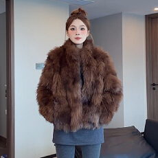 霜华映月 韩版双色高级感气质仿狐狸坎毛立领环保毛毛皮草外套女