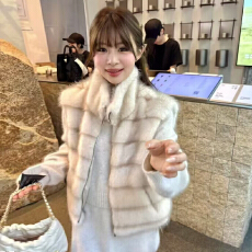 批发韩系复古立领仿貂毛坎肩马甲女冬季新款叠穿无袖拉链环保毛毛外套