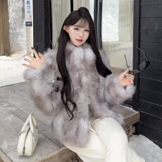 批发<b class='q'>韩版</b>冬季新款双色晕染立领仿狐狸毛环保毛毛大衣中长款皮草外套女