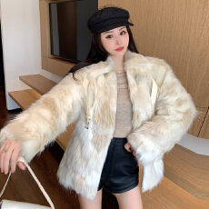 实拍冬季新款复古混色辣妹环保皮草外套女宽松皮带狐狸毛绒大衣潮