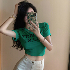 批发实拍 港风字母印花修身显瘦女短款<b class='q'>夏季</b>短袖T恤内搭垫肩打底衫上衣