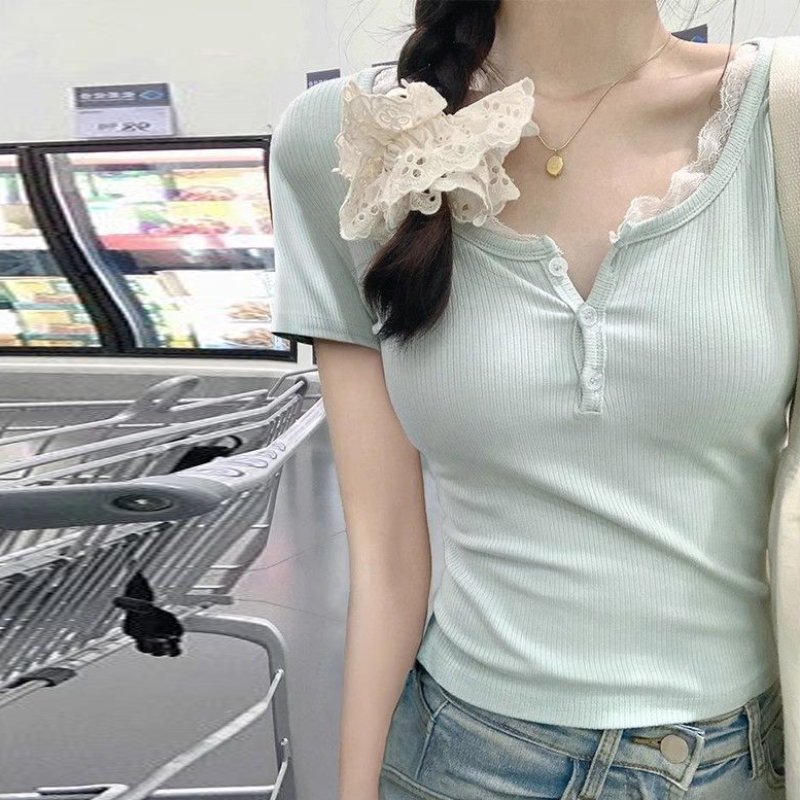 RY70138# 韩版夏季新款纯欲蕾丝花边拼接短袖t恤女设计感正肩短款修身...