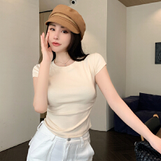 批发实拍 夏季韩版新款修身显瘦圆领纯色短袖<b class='q'>T</b><b class='q'>恤</b>短款辣妹上衣打底衫<b class='q'>女</b>