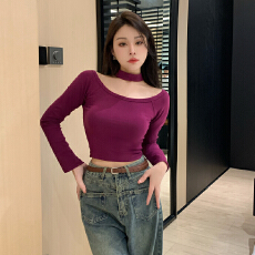 批发实拍一字肩秋季韩版辣妹<b class='q'>T</b><b class='q'>恤</b>新款修身显瘦短款露肩挂脖上衣打底<b class='q'>女</b>
