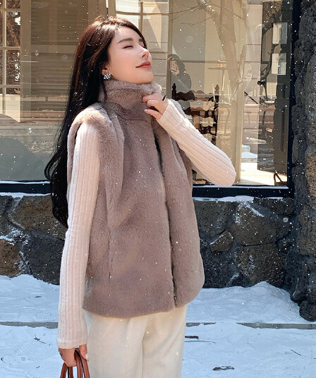 실사 겨울 새로운 작은 키 모조 모피 베스트 여성 짧은 몸매 가꾸기 스탠드 칼라 조끼 모방 수달 모피 재킷