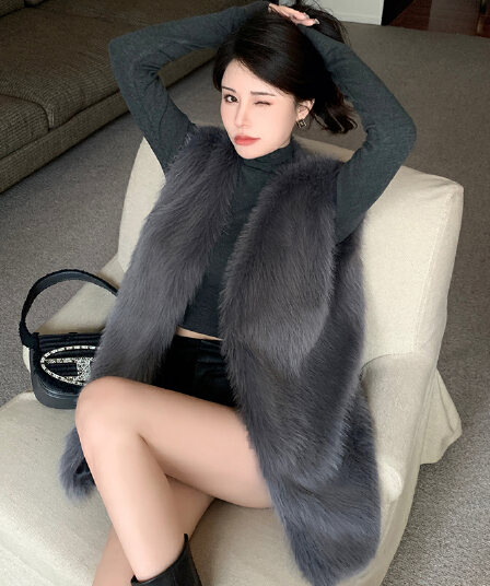 실사 가을 겨울 새로운 모방 너구리 모피 어깨 모피 조끼 여자 중간 길이 조끼 여우털 재킷