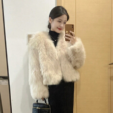 批发韩版冬季新款仿狐狸毛皮草年轻款夹棉环保毛毛V领小个子显瘦外套