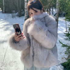 批发'清冷月光'双色晕染立领狐狸毛环保毛毛大衣新款冬季仿皮草外套女
