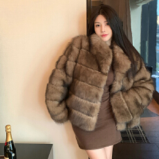 批发实拍 韩系冬装咖色仿水貂毛加绒加厚环保皮草富家千金毛毛外套女