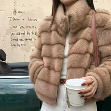 批发千层布朗尼小立领切条环保水貂毛皮草外套女<b class='q'>冬</b>季拉链毛绒短款上衣
