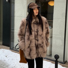 批发环保皮草外套女冬季韩系牛角扣保暖<b class='q'>中长款</b>式百搭仿毛绒长袖大衣