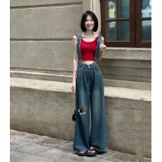 批发夏季新款百搭自带胸垫小<b class='q'>背心</b>+复古破洞薄款<b class='q'>牛仔</b>背带裤套装