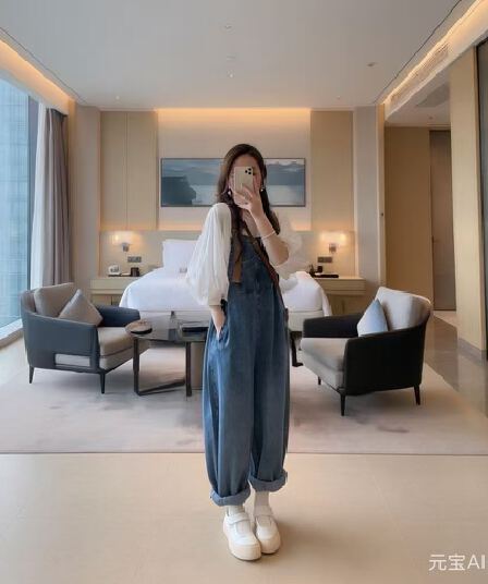 기타 주머니 허리 측면 밴딩 수 있습니다. 조정 한국 스타일 데님 멜빵 바지 거품 소매 패션 맨위 세트 투피스 세트 트렌디