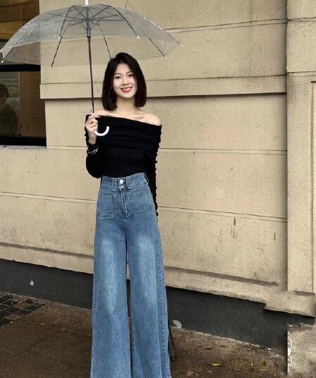 새로운 오프숄더 오프숄더 디자인 센스 맨위 하이웨이스트 슬림해 보이는 데님 와이드 레그 팬츠 세트