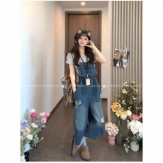 批发新款潮欧货工装七分阔腿裤牛仔<b class='q'>连体裤</b>蓝<b class='q'>色</b>背带裤+灰色短袖<b class='q'>套装</b><b class='q'>女</b>
