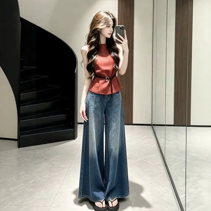 새로운 빨간색 품격 핫걸 패션 체크무늬 조끼 여성 다용도 디스플레이 화이트 맨위 데님 나팔 바지 투피스 세트