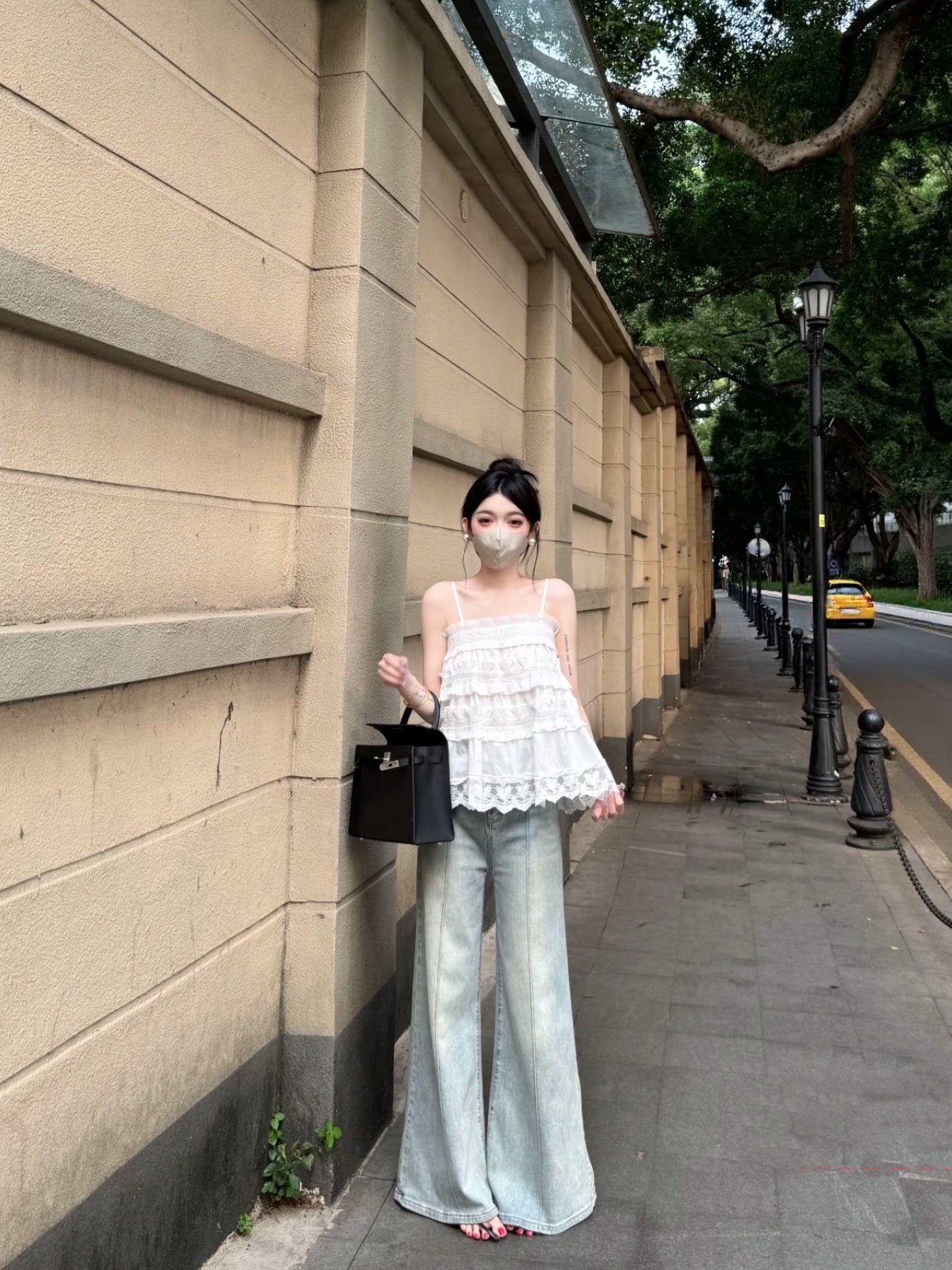 새로운 한 부서 무거운 작업 레이스 조각 슬립 작은 셔츠 하이 웨이스트 청바지 슬림해 보이는 다용도 바닥 청소 바지 세트