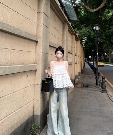 새로운 한 부서 무거운 작업 레이스 조각 슬립 작은 셔츠 하이 웨이스트 청바지 슬림해 보이는 다용도 바닥 청소 바지 세트