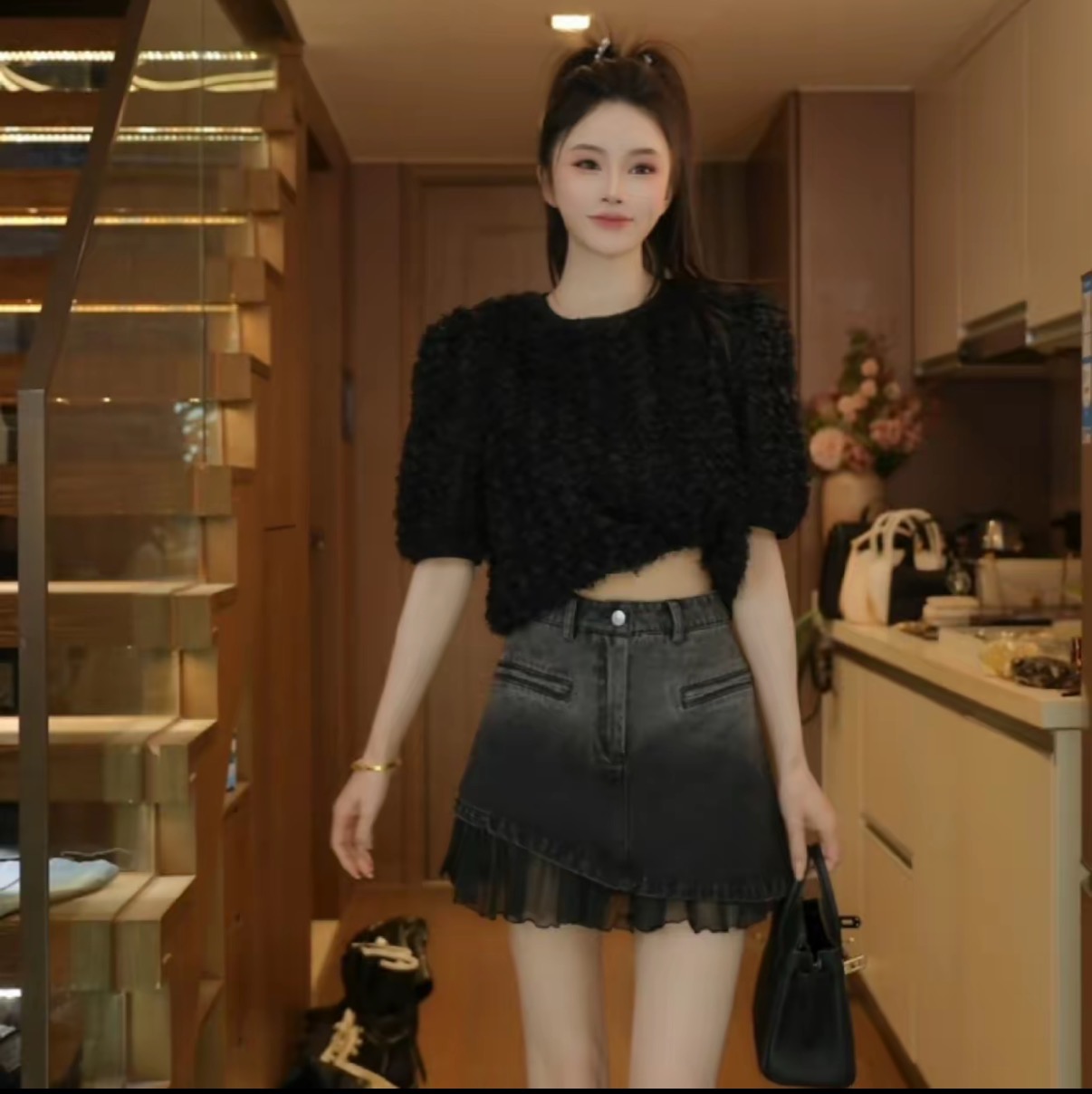 새로운 반팔 오리지널 술 모피 센스 맨위 프릴 패치워크 하이웨이스트 데님 반신 스커트 여성복