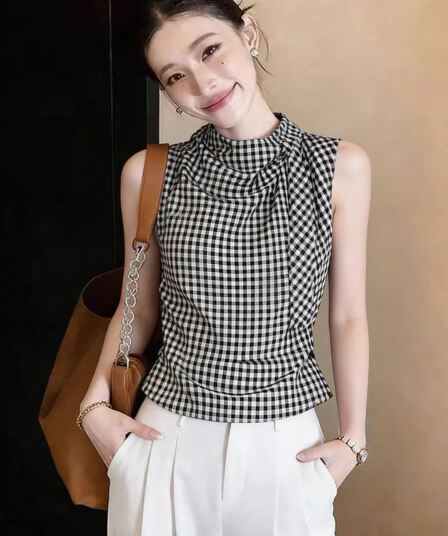 슈퍼 잘 생긴 체크무늬 스탠드 칼라 민소매 셔츠 여자 2026 새로운 여름 고급 센스 프랑스식 사소한 Chic 맨위