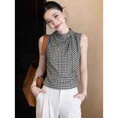 批发超好看格子立领无袖衬衫女款2026新款夏季高级感法式小资别致上衣