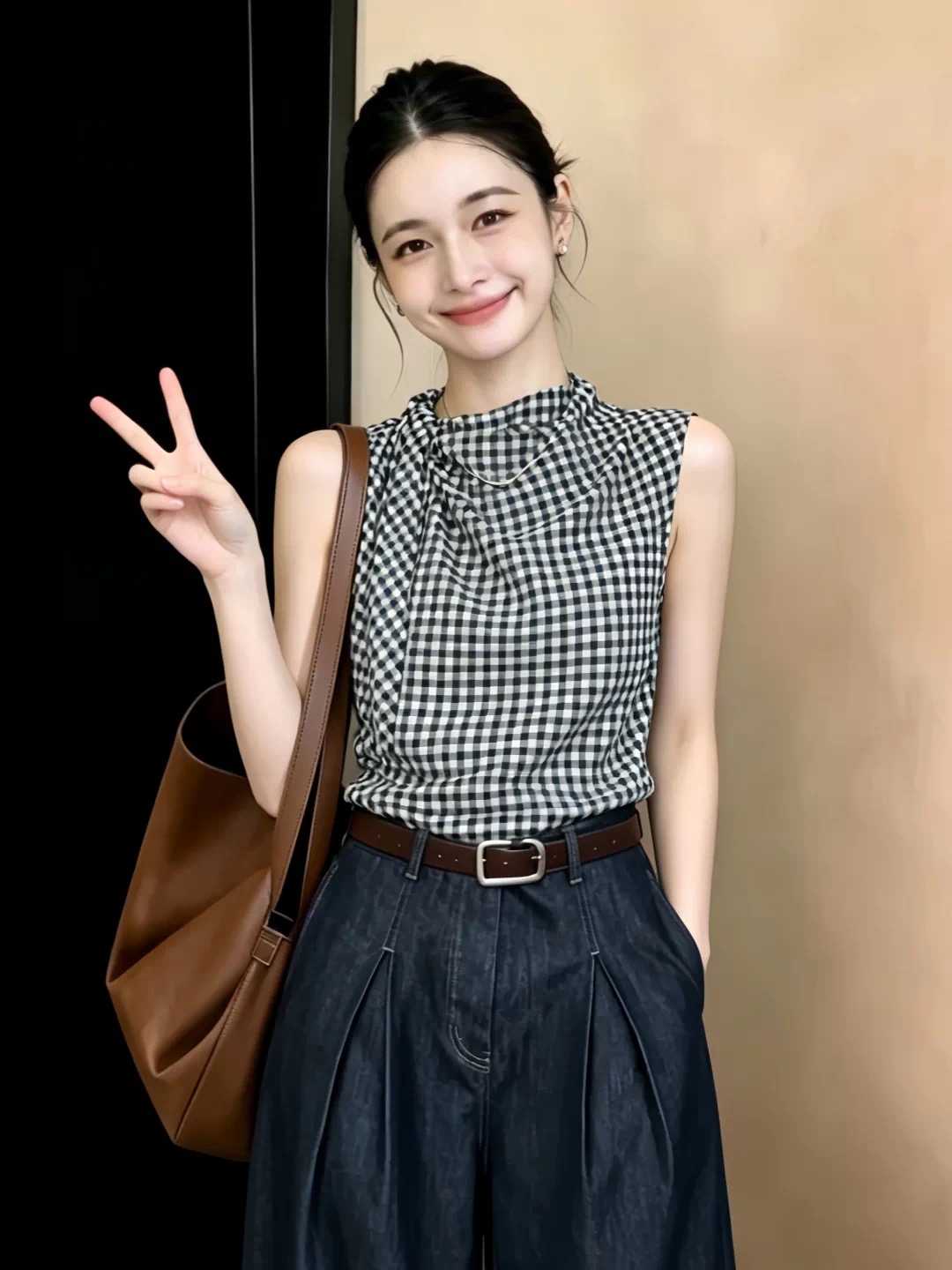 새로운 조끼 맨위 프랑스식 레트로 흑인과 백인 체크무늬 민소매 셔츠 하이웨이스트 데님 와이드 레그 팬츠 여성복