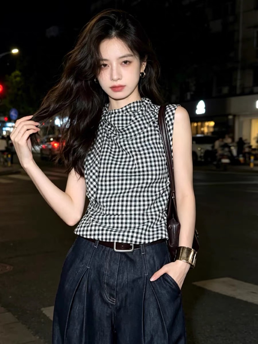 새로운 스탠드 칼라 리본 항구 바람 문예 프랑스식 레트로 격자 무늬 셔츠 하이웨이스트 데님 와이드 레그 팬츠 여성복