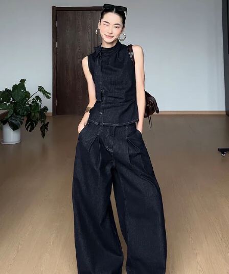 새로운 레트로 높음 거리 주머니 플리츠 원본 암소 고급 센스 넓은 다리 청바지