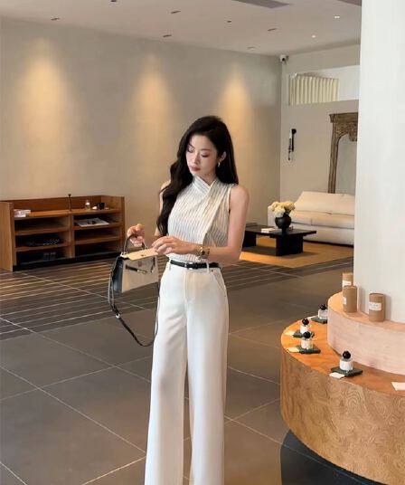 새로운 프랑스식 스트라이프 슬림해 보이는 불규칙 칼라 디자인 센스 셔츠 넓은 다리 국방 데님 고급 캐주얼 바지 세트