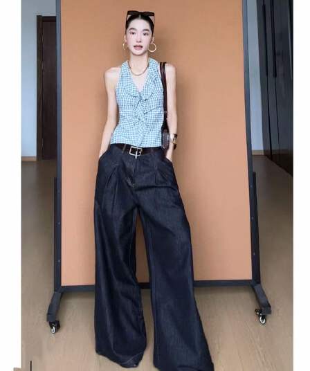 새로운 신선함 디자인 센스 체크무늬 레이스 행침 목 핀치 Pleat 조끼 슬립 맨위 데님 와이드 레그 팬츠 세트 여성