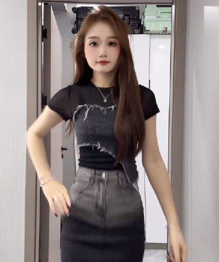 새로운 데님 패치워크 마이크로 ~을 통해 디자인 센스 불규칙 맨위 그라데이션 색상 데님 인어 꼬리 스커트 타이트 스커트 치마 세트