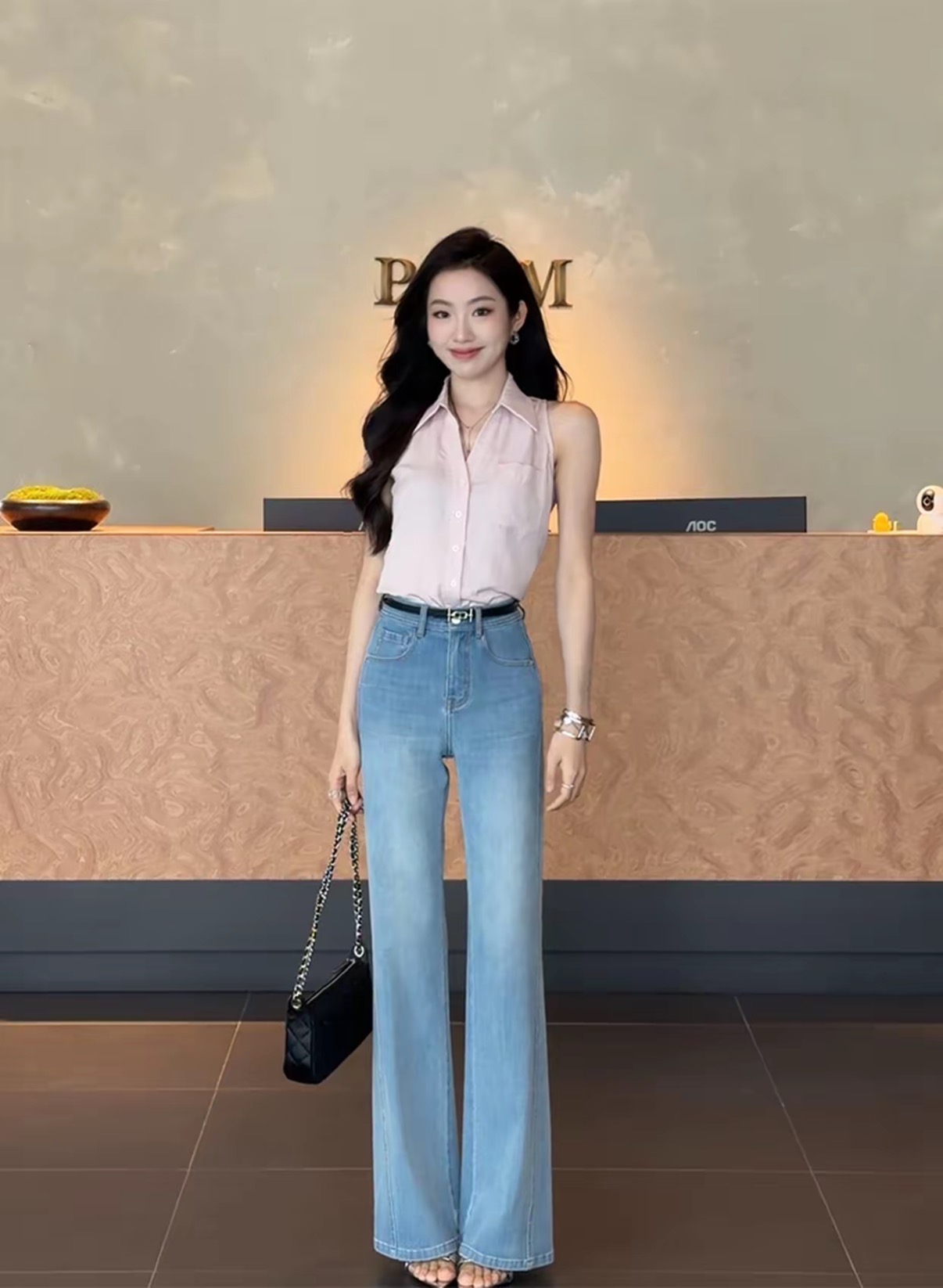 여름 얇은 스타일 프랑스식 레트로 품격 디자인 슬림해 보이는 표지 고기 셔츠 하이웨이스트 부츠컷 디자인 청바지 세트