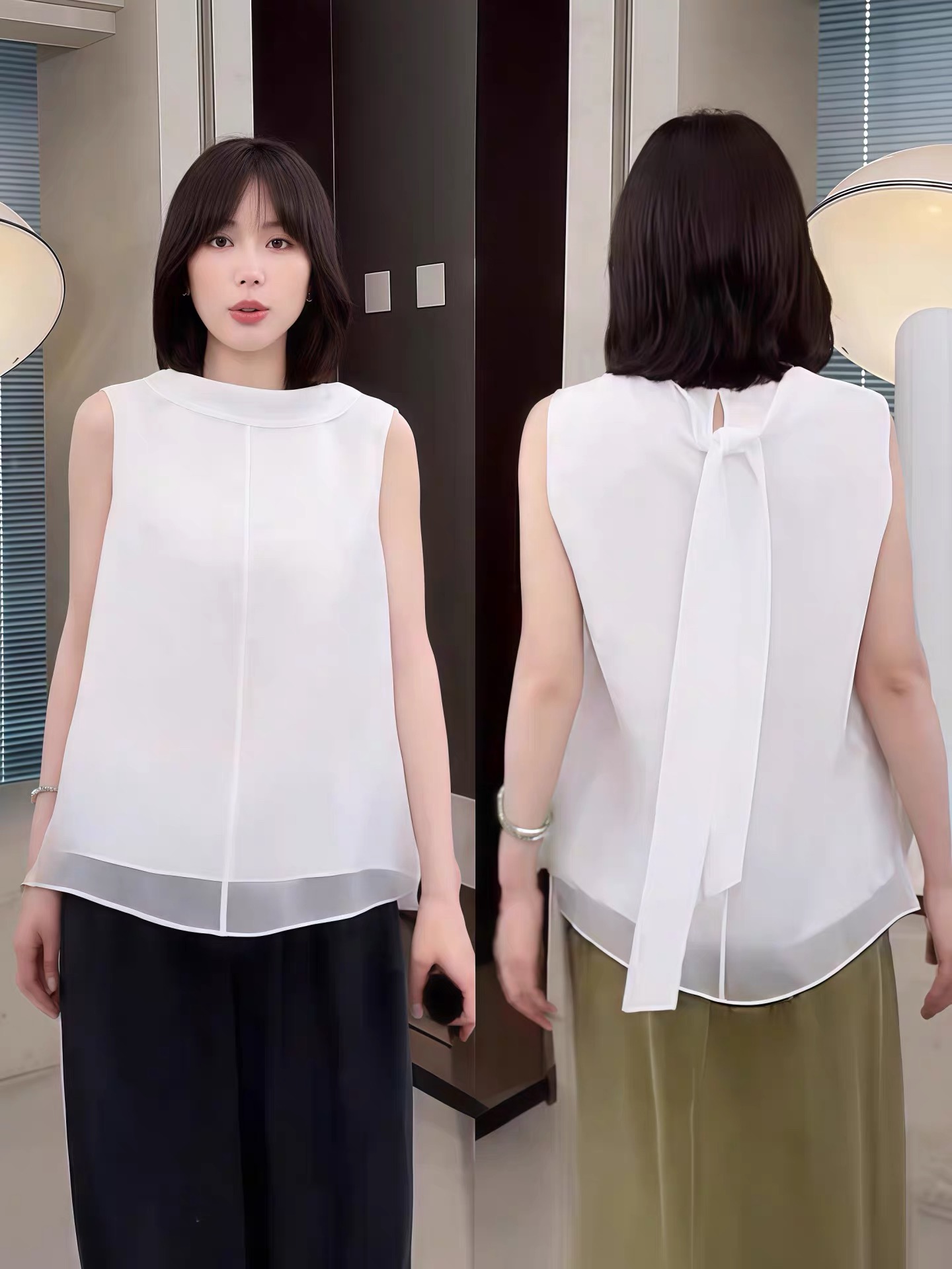 프랑스식 리본 스탠드 칼라 민소매 화이트 여성 셔츠 2026 새로운 여름 얇은 스타일 마이크로 ~을 통해 페이크 레이어드 아주 넓은 맨위